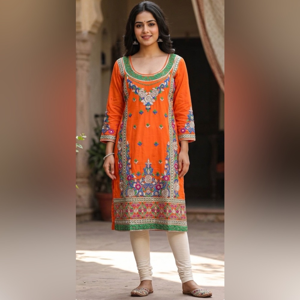Embroidered Orange Kurti Tunic W Floral 3/4 Sleeve Women Traditional Ethnic S/M